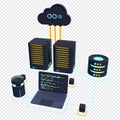 Cloud technology computing concept. Modern cloud technology. Data center isometric concept. 3D cloud technology with datacenter. Royalty Free Stock Photo