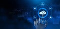 Cloud technology computing concept. Robot hand pressing virtual button. 3d rendering Royalty Free Stock Photo