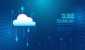 Cloud technology concept with data upload and download arrows on a blue digital background, representing cloud computing, storage Royalty Free Stock Photo