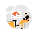 Cloud technology, data storage and backup. Man working with cloud computing and database service. Illustration with people