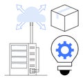 Cloud Technology, Data Storage, and Innovation Represented by Server, Cloud, Box, and Gear Lightbulb Royalty Free Stock Photo