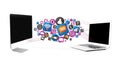 Cloud of technology icone going out a computer to a laptop Royalty Free Stock Photo