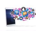 Cloud of technology icone going out a tablet Royalty Free Stock Photo