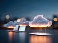 Cloud technology integration with laptops and tablets in a futuristic digital environment Royalty Free Stock Photo
