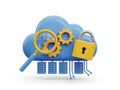 Cloud technology with magnifying glass, gears, and padlock isolated on white background Royalty Free Stock Photo