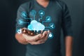 cloud technology.man hold icon cloud computing diagram. data storage.secure backup and consistency networking and internet service Royalty Free Stock Photo