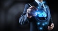Cloud technology networking processing data storage. Businessman pressing button on screen Royalty Free Stock Photo