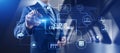 Cloud technology networking processing data storage. Businessman pressing button on screen Royalty Free Stock Photo