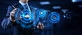 Cloud technology networking processing data storage. Businessman pressing button on screen Royalty Free Stock Photo