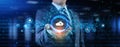 Cloud technology networking processing data storage. Businessman pressing button on screen Royalty Free Stock Photo