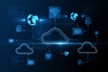 Cloud technology and online information storage concept with digital blue cloud symbols and computing icons on abstract dark Royalty Free Stock Photo