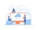 Cloud technology. People storing data on cloud server. cloud computing, online database