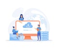 Cloud technology. People storing data on cloud server. cloud computing, online database,