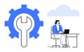 Cloud Technology and Technical Support with Gear and Person Typing on Laptop Royalty Free Stock Photo