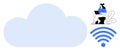 Cloud technology and remote work concept with wireless icon and person on laptop Royalty Free Stock Photo
