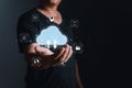 cloud technology.secure backup and consistency networking and internet service concept.man holding icon cloud computing diagram Royalty Free Stock Photo