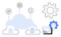 Cloud technology with security, media, analytics, and web access connected by tools and gear visuals Royalty Free Stock Photo