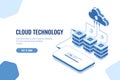 Cloud technology storage and transfer data isometric, mobile phone data downloading, remote server room and database