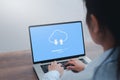 Cloud technology, Woman doing cloud uploading on laptop in office. computer at office, Data infomation Royalty Free Stock Photo
