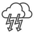 Cloud with thunder line icon. Lightning with cloud vector illustration isolated on white. Rainy climate outline style