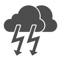 Cloud with thunder solid icon. Lightning with cloud vector illustration isolated on white. Rainy climate glyph style Royalty Free Stock Photo