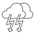 Cloud with thunder thin line icon. Lightning with cloud vector illustration isolated on white. Rainy climate outline Royalty Free Stock Photo