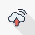 Cloud upload, computer technology thin line flat color icon. Linear vector symbol. Colorful long shadow design.