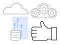 Cloud Upload Concept with Database, Arrows, Gears, and Approval Gesture Royalty Free Stock Photo