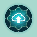 Cloud upload icon magical glassy sunburst blue button sky blue background Royalty Free Stock Photo