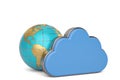 Cloud uploading and gold globe on white background.3D illustration. Royalty Free Stock Photo