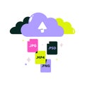 Cloud Uploading Media Files In Flat Vector Illustration Symbolizing Cloud Storage, Data Backup, And File Sharing
