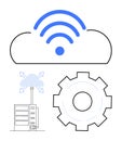 Cloud Computing Concept with Data Server, Wireless Connectivity, and Gear Representing Technology Settings Royalty Free Stock Photo