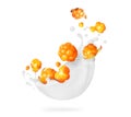 Cloudberries with milk splashes close-up isolated on white background