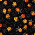 Seamless pattern with cloudberry on a black background.
