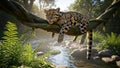Clouded Leopard Napping Peacefully on Tree Branch Over Tranquil Stream Royalty Free Stock Photo