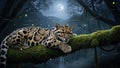 A Clouded Leopard Resting Peacefully on a Mossy Branch Under Moonlight Royalty Free Stock Photo