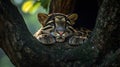 Clouded Leopard resting in a tree hollow blending with shadows Royalty Free Stock Photo