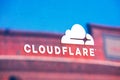 Cloudflare sign on startup headquarters entrance door. Cloudflare, Inc. is an American web infrastructure and website security