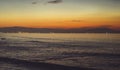 Clouds blue sky and gold sunlight sunset on horizon ocean, background seascape dramatic atmosphere rays sunrise. Relax view waves Royalty Free Stock Photo