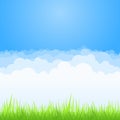 Clouds on blue sky with green grass background. Vector flat air white cloud cartoon on sky horizon Royalty Free Stock Photo