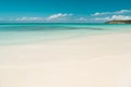 Clouds blue sky over calm sea beach tropical island. Tropical paradise beach with sand. Travel experts reveal Antigua Royalty Free Stock Photo