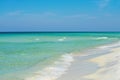 Clouds with blue sky over calm sea beach in tropical Maldives island. Beautiful beach with palm trees and moody sky. Royalty Free Stock Photo