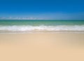 Clouds with blue sky over calm sea beach in tropical Maldives island. Tropical paradise beach with white sand. Royalty Free Stock Photo