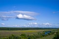 Clouds in the blue sky over the river, fields and trees