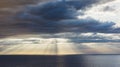 Clouds blue sky and sunlight sunset on horizon ocean . ÃÂ¡loudscape on background seascape dramatic atmosphere rays sunrise.