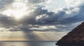 Clouds blue sky and sunlight sunset on horizon ocean . ÃÂ¡loudscape on background seascape dramatic atmosphere rays sunrise. Relax Royalty Free Stock Photo
