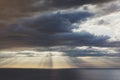Clouds blue sky and sunlight sunset on horizon ocean . ÃÂ¡loudscape on background seascape dramatic atmosphere rays sunrise. Relax