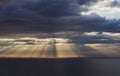 Clouds blue sky and sunlight sunset on horizon ocean . ÃÂ¡loudscape on background seascape dramatic atmosphere rays sunrise. Relax