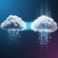 The clouds, bright blue particles indicate data transfer, emphasizing the Royalty Free Stock Photo