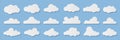 Clouds. Cartoon rainy sky. Paper cut decorative cloudy forms. Fluffy shapes on blue background. Origami templates set